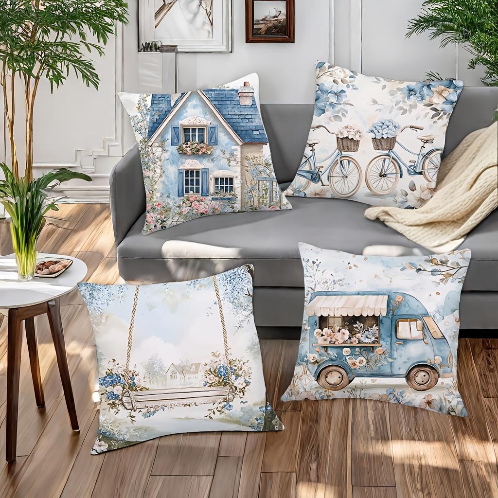 Blue Floral Patterned Cushion Covers With Cottage Scenes Polyester pillowcase, sofa decorative cushion cov Headboard Pillow