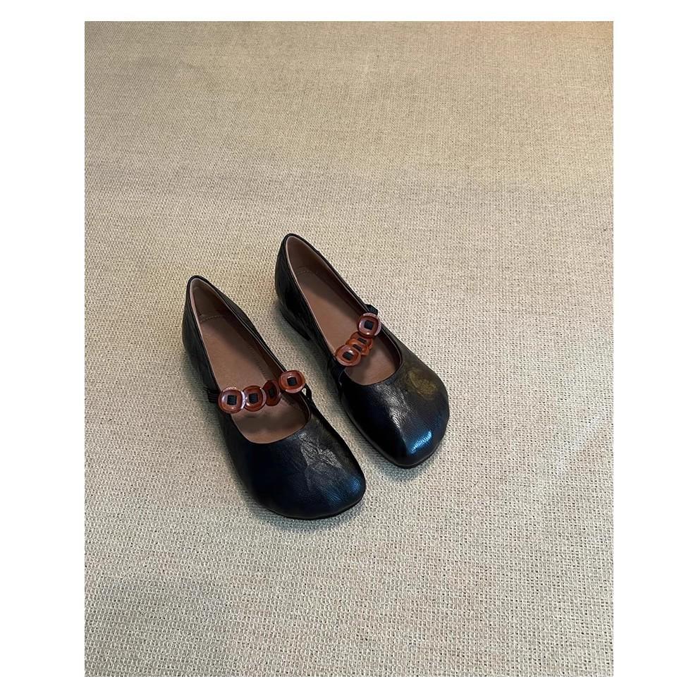 Sheepskin version niche retro round head thick heel single shoes women's versatile button elastic band light mouth soft leather Mary Jane shoes