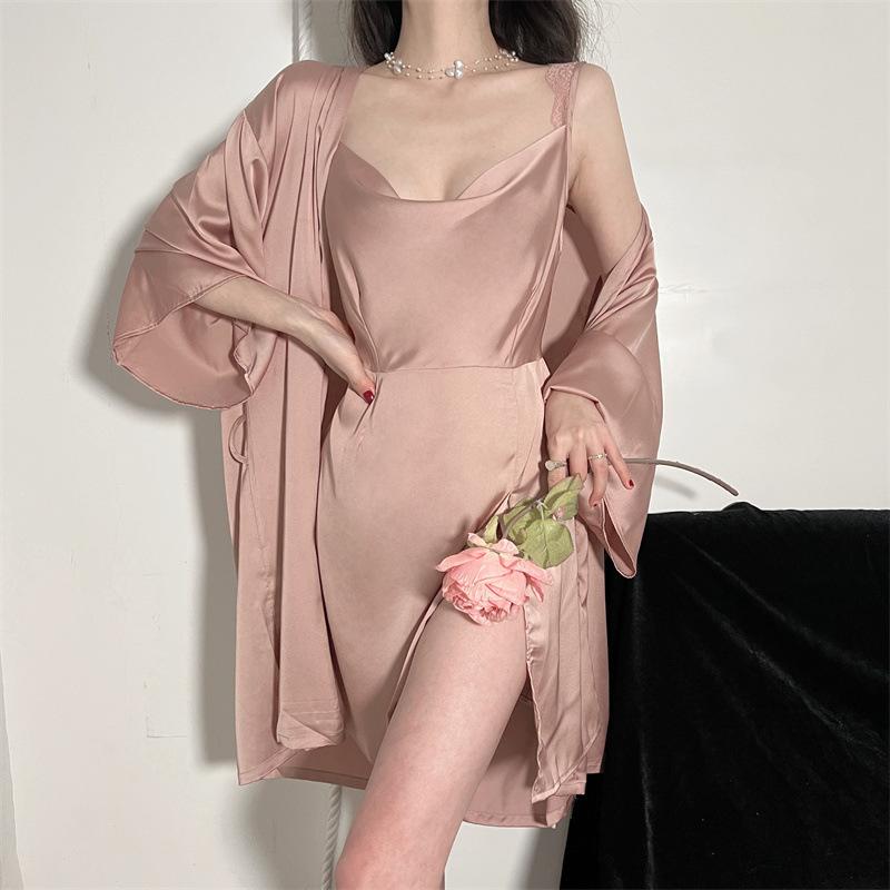 Spring and Summer Women's Wedding Dress Suit Kimono Bathrobe Dress Sexy Lace Pajamas Loose Satin Home Wear Casual Wear