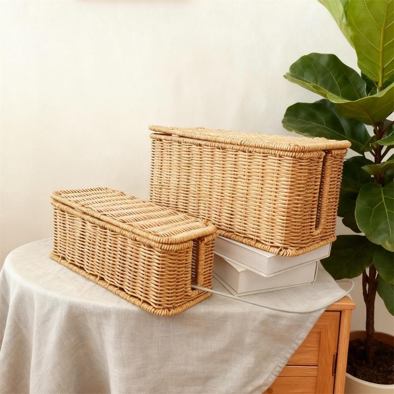 Elegant Handcrafted PE Woven Desktop Organiser Basket For Charger And Cables Waterproof Power Strips Holder
