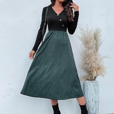 Women's Fashion Spring Fall Polka Dot Print Long Sleeve V-Neck High Waist Casual Dresses