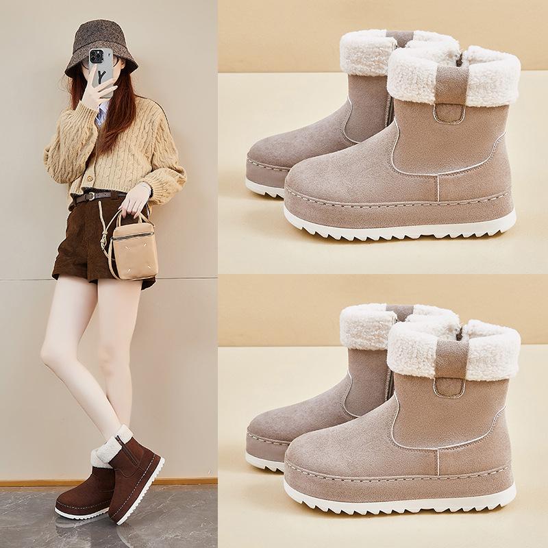 Women's Winter Warm Snow Boots Fuzzy Faux Suede Walking Shoes for Women Casual Anti-Slip Comfortable Chunky Platform Short Booties With Faux Fur Lined