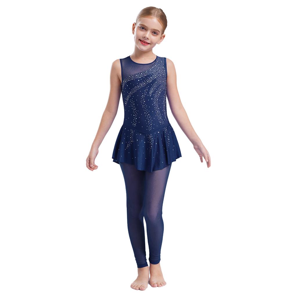 Girls Gymnastics Jumpsuit Shiny Rhinestones Sleeveless Keyhole Back Full Length Skirted Bodysuit