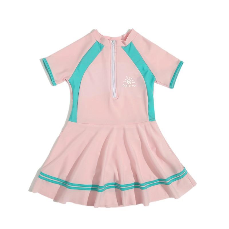 Girls Sporty One-Piece Swimsuit With Short Sleeves Half-Zip Front High-Waist Skirted Design UV Protection Anti-See-Through