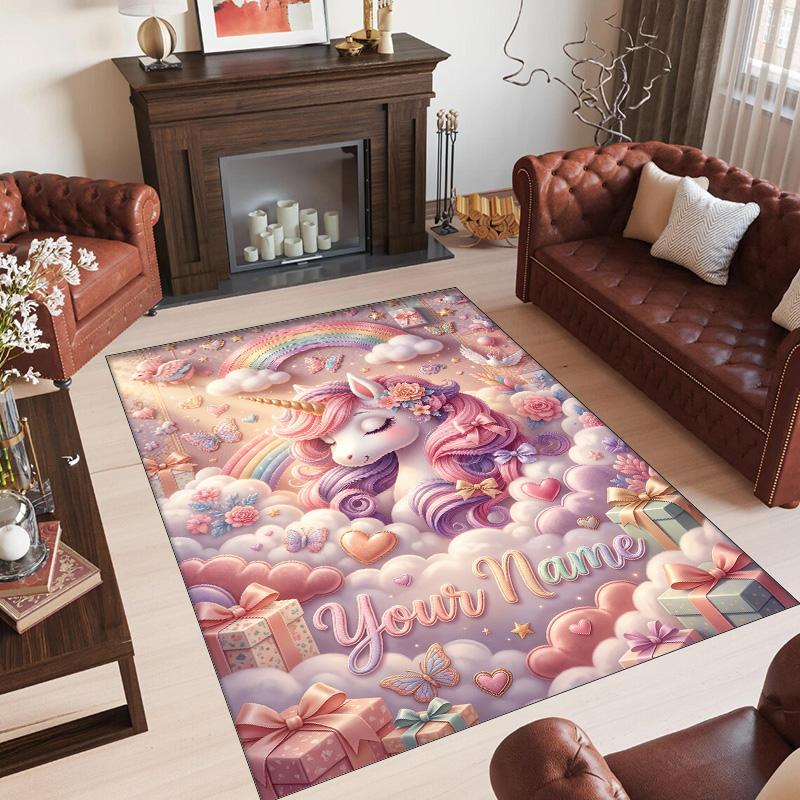 Alfombra de Suelo de Terciopelo de Cristal con Temática de Unicornio, Alfombra Cálida Personalizada con Nombre y Texto, Decoración del Hogar