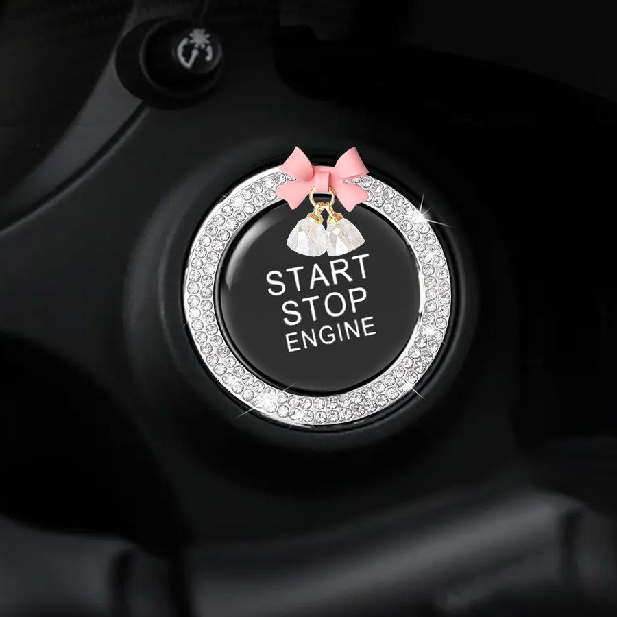 Crystal Bow Bell Engine Ignition Onekey Start Stop Push Button Switch Protective Cover Bling Girls Auto Accessories Car Decor