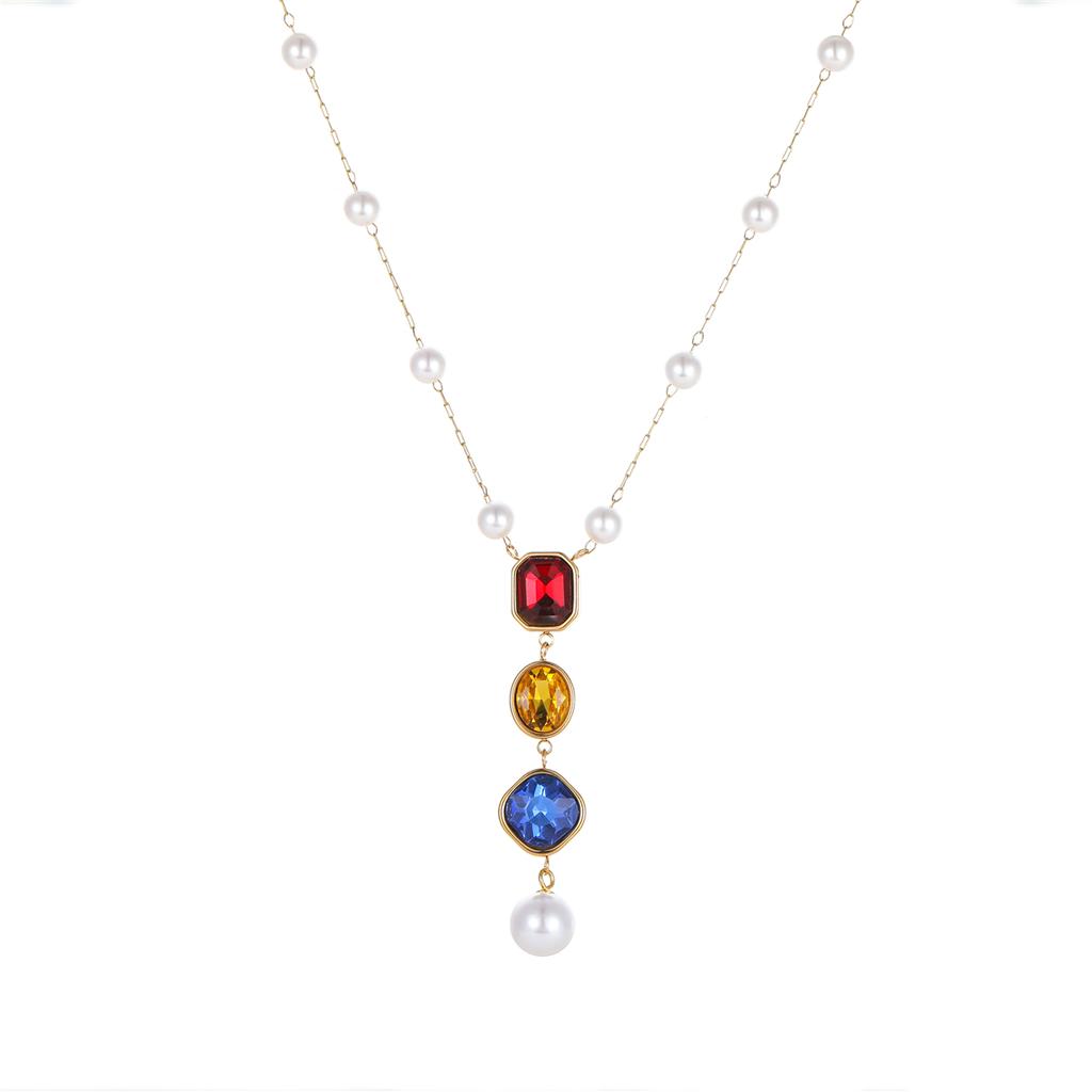 Vintage Baroque Style Stainless Steel Pearl Necklace 18K Gold Plated Colorful Gem Pendant Necklace for Women Daily Party Wear