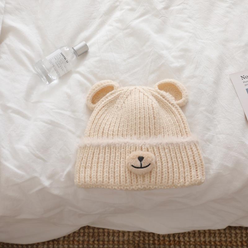 Thick knitted handcrafted bear wool Moao children's cute warm casual and face showing small pullover hat  cold hat for autumn and winter