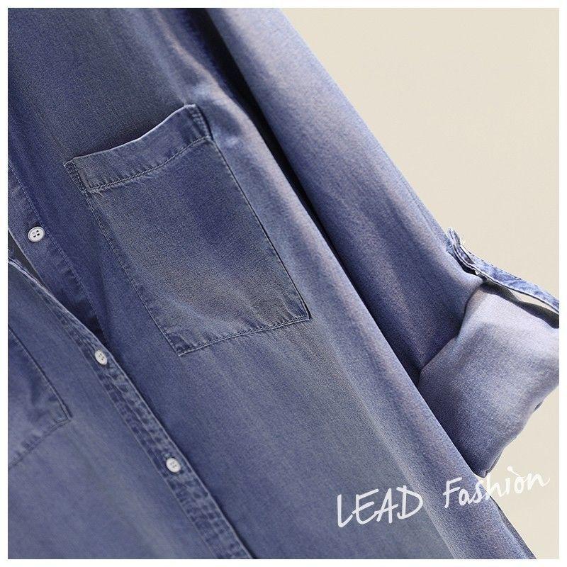 Spring Women's Clothing Shirt Medium Long Containing Cotton Shirt Loose Fit Long Sleeve Double Pocket Rolled Sleeve Thin Blouse