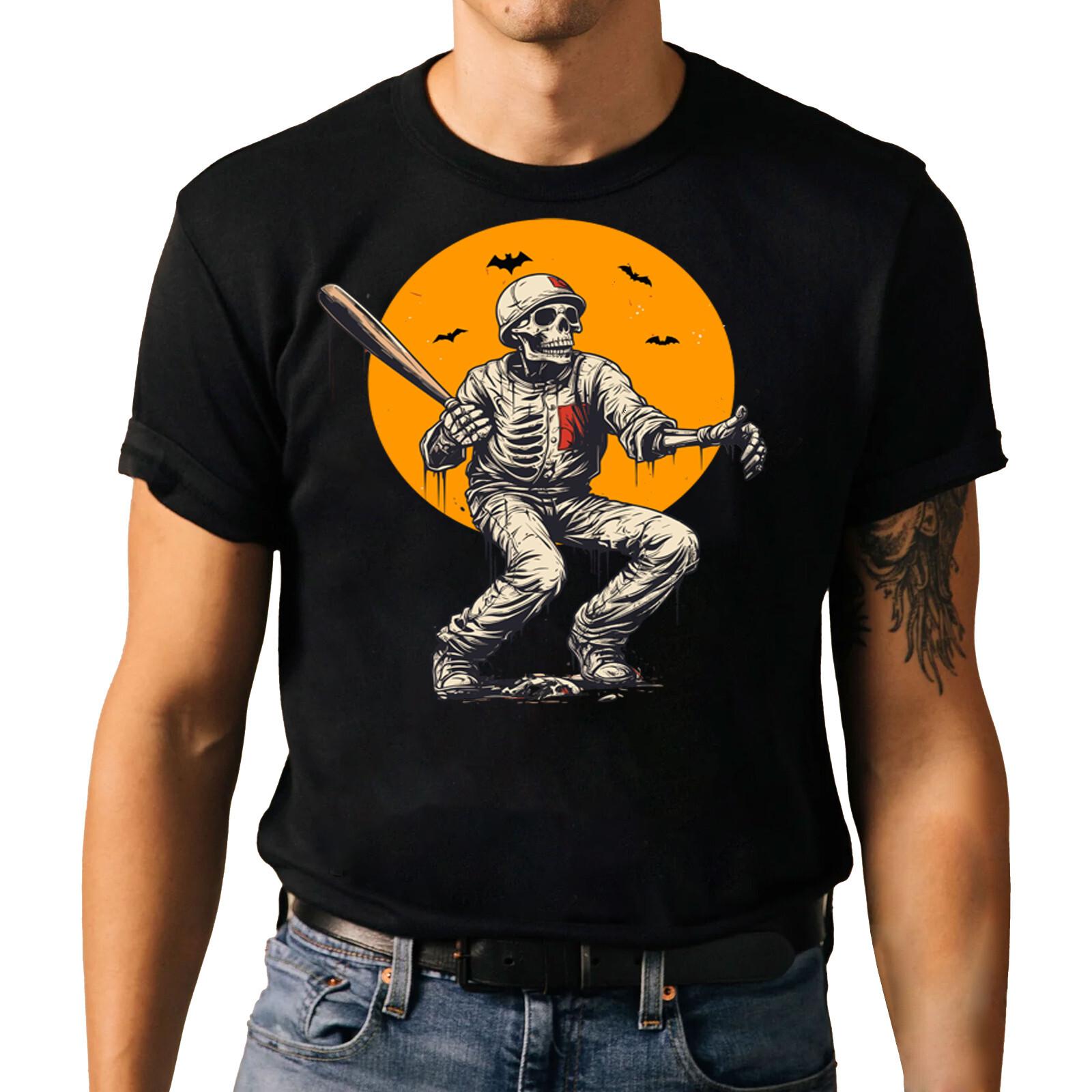 Sporty Skeleton Halloween T-shirt - Baseball Graphic Tee L