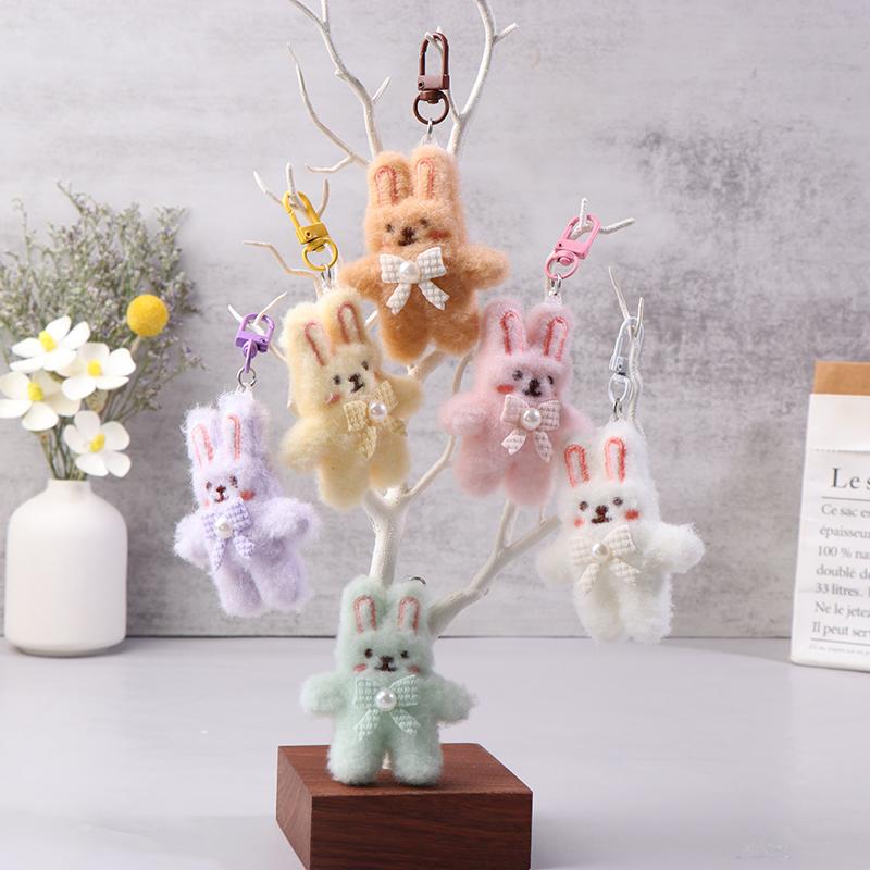 Bowknot Rabbit Plush Pendant Cartoon Bunny Keychain Soft Stuffed Doll Car Key Ring Backpack Bag Decor