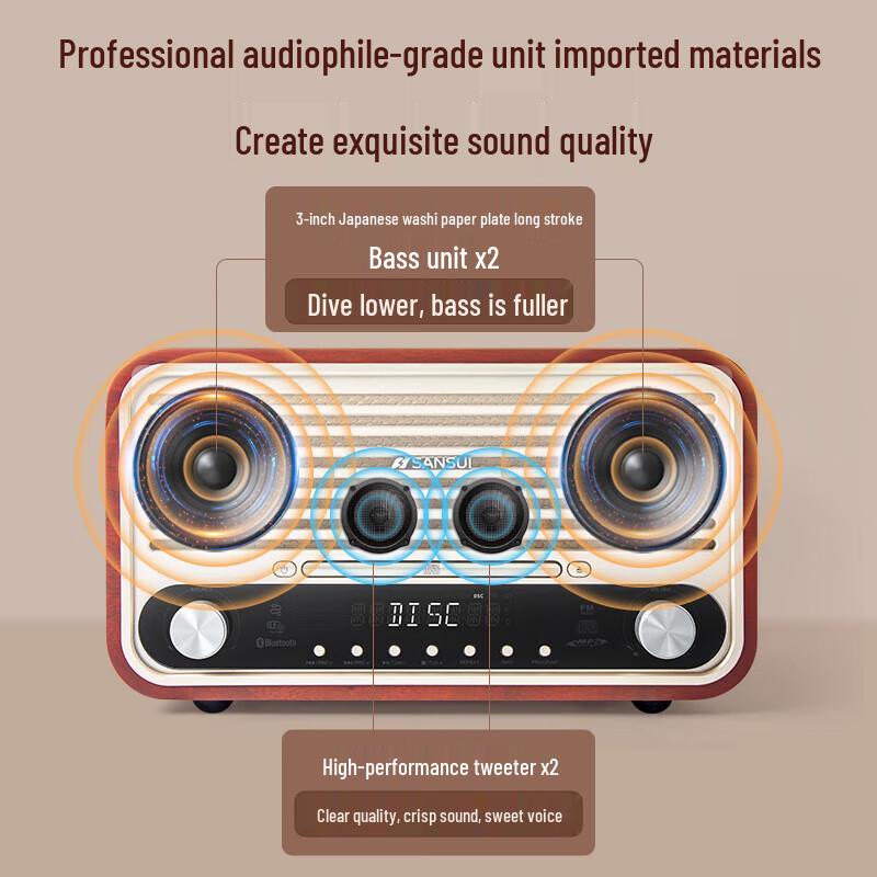 SANSUI M880 Wooden Wireless Bluetooth Speaker with CD Player & Radio CN Plug (adapter Included)