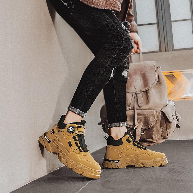 Rotating button cuff Martin boots autumn and winter new leather high-top flat-high casual sports men's boots