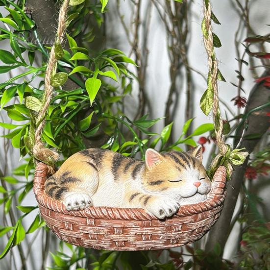 Unique Housewarming Present Hanging Basket Cat Statue, Cute Sleeping Kitten Figurine, Outdoor Decorative Resin Ornament for Garden Patio Porch
