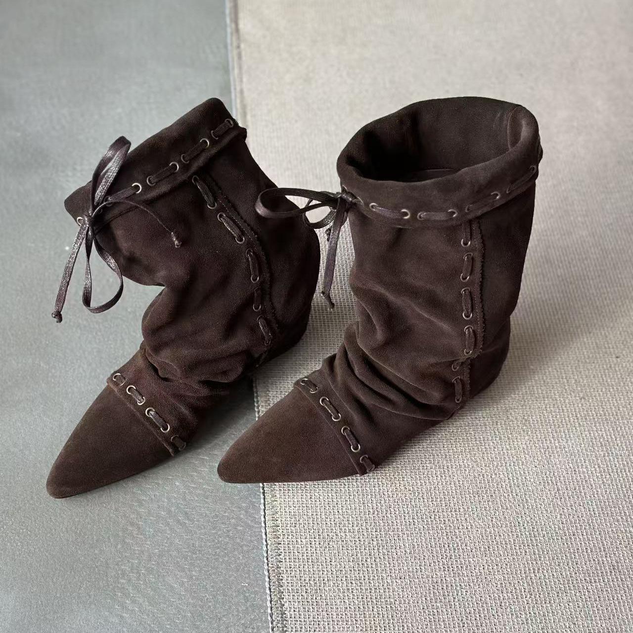 

Версия из коровьей кожи~ ретро плиссированные остроносые короткие ботинки на ворсе женские 2025 новые ботинки в стиле вестерн ковбойские ботинки Мартин 40 коричневый