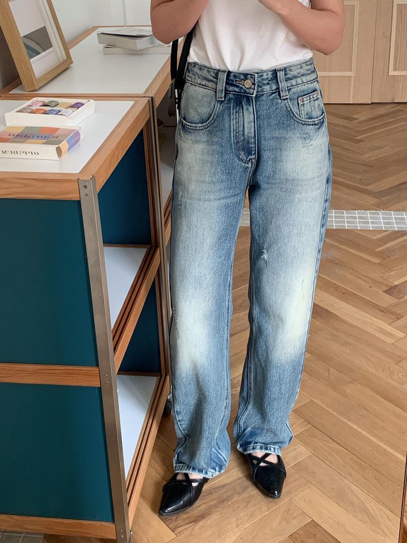 Retro Ice Blue Distressed Straight-Leg Tencel Hemp Jeans for Women Medium