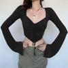 Damen V-Ausschnitt Langarm Crop Top Enganliegend Sexy Stil Raffung Kordelzug Korsett T-Shirt Polyester Herbst Streetwear Lässiges Oberteil