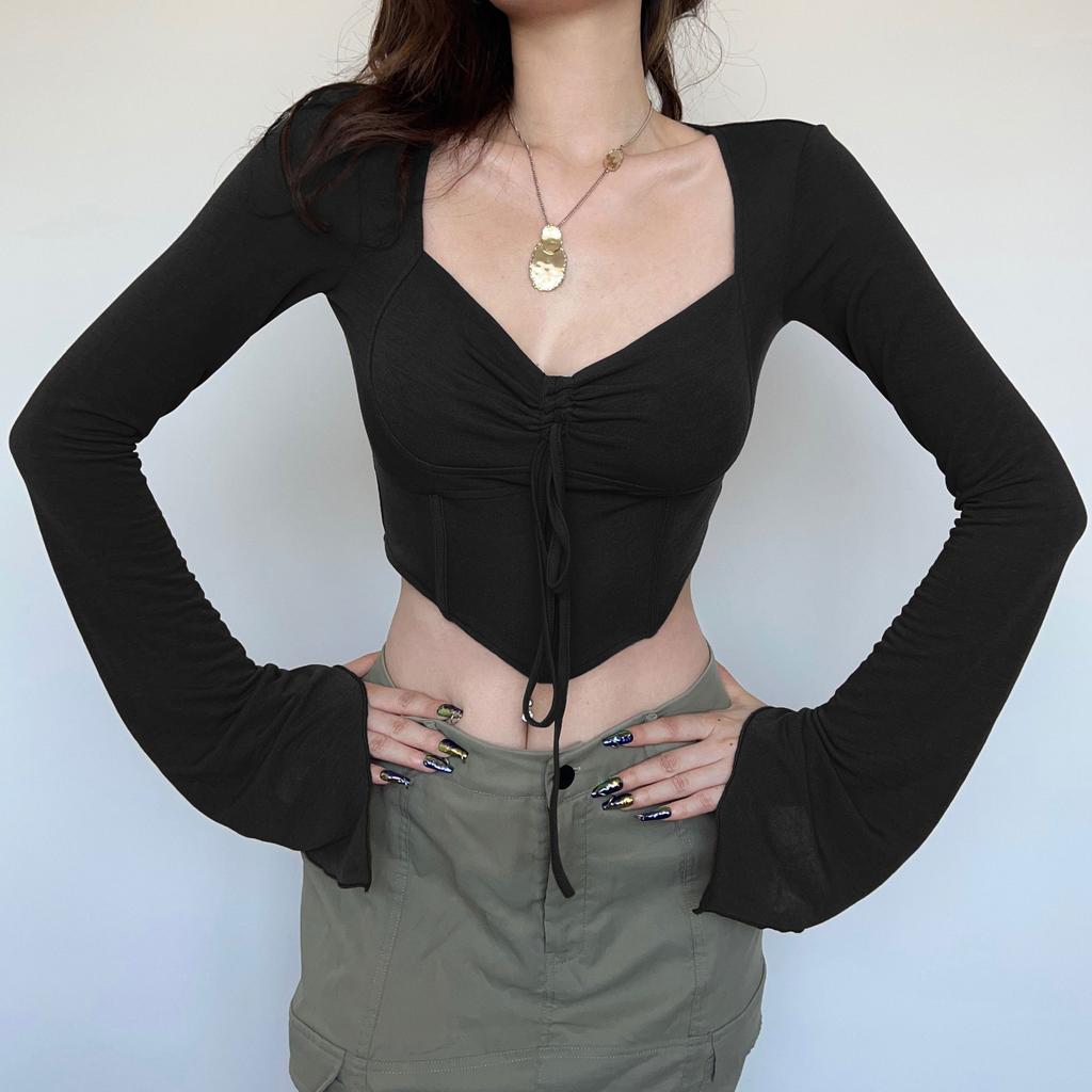 Damen V-Ausschnitt Langarm Crop Top Enganliegend Sexy Stil Raffung Kordelzug Korsett T-Shirt Polyester Herbst Streetwear Lässiges Oberteil