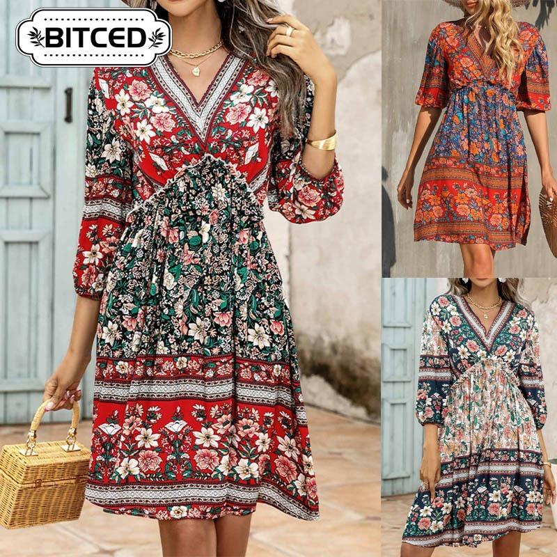 BITCED Fashion Summer Spring 3/4 Sleeves V-Neck Casual Dresses