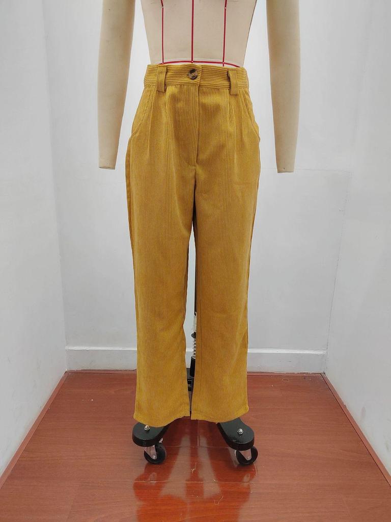 2025 Autumn Women's High Waist Corduroy Pants - Solid Color, Loose Straight Leg