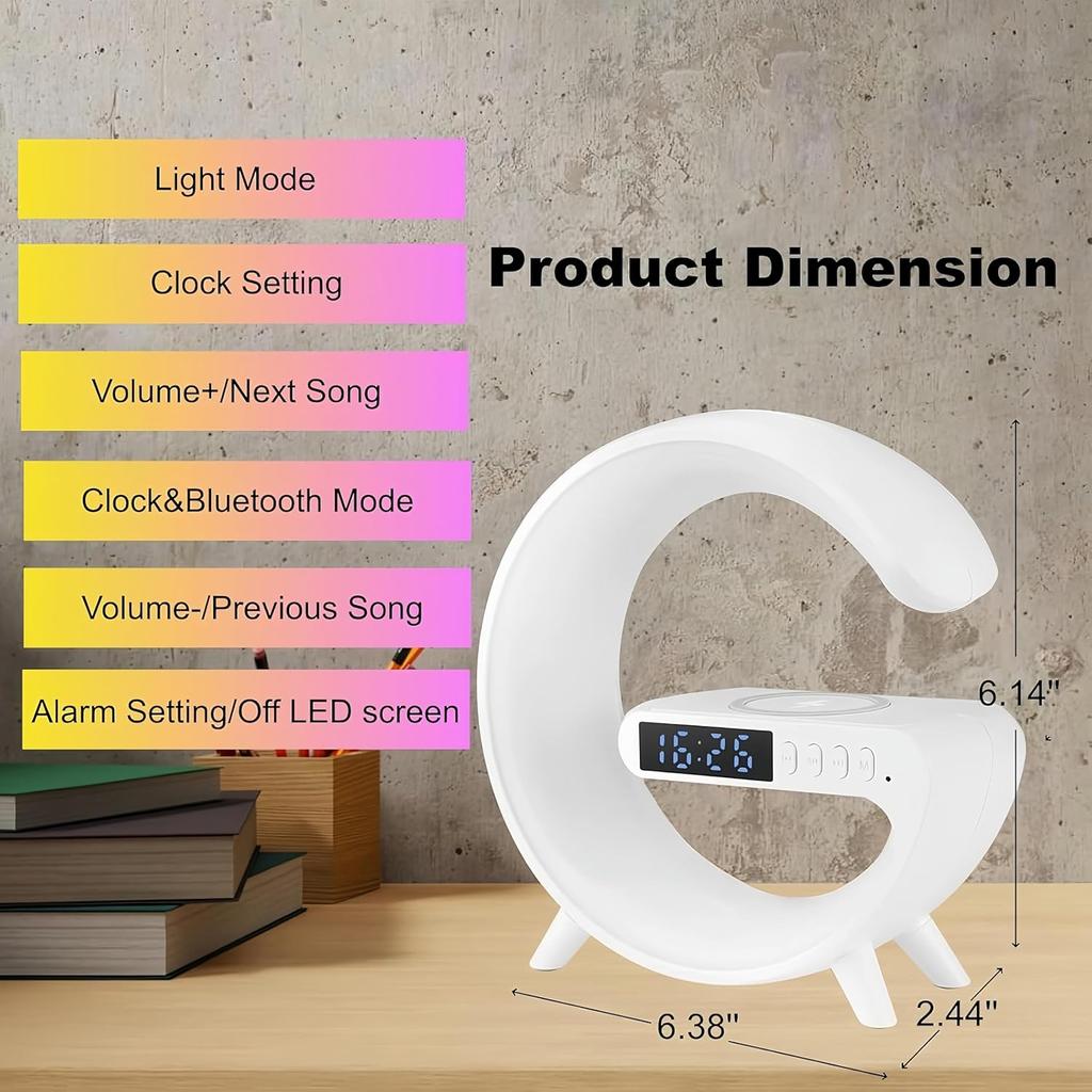 LED Table Lamp with Wireless Charger, Mini G Atmosphere Lamp with Bluetooth Speaker, Night Light Lamp Sunrise Alarm Clock, Smart Light Sound Machine