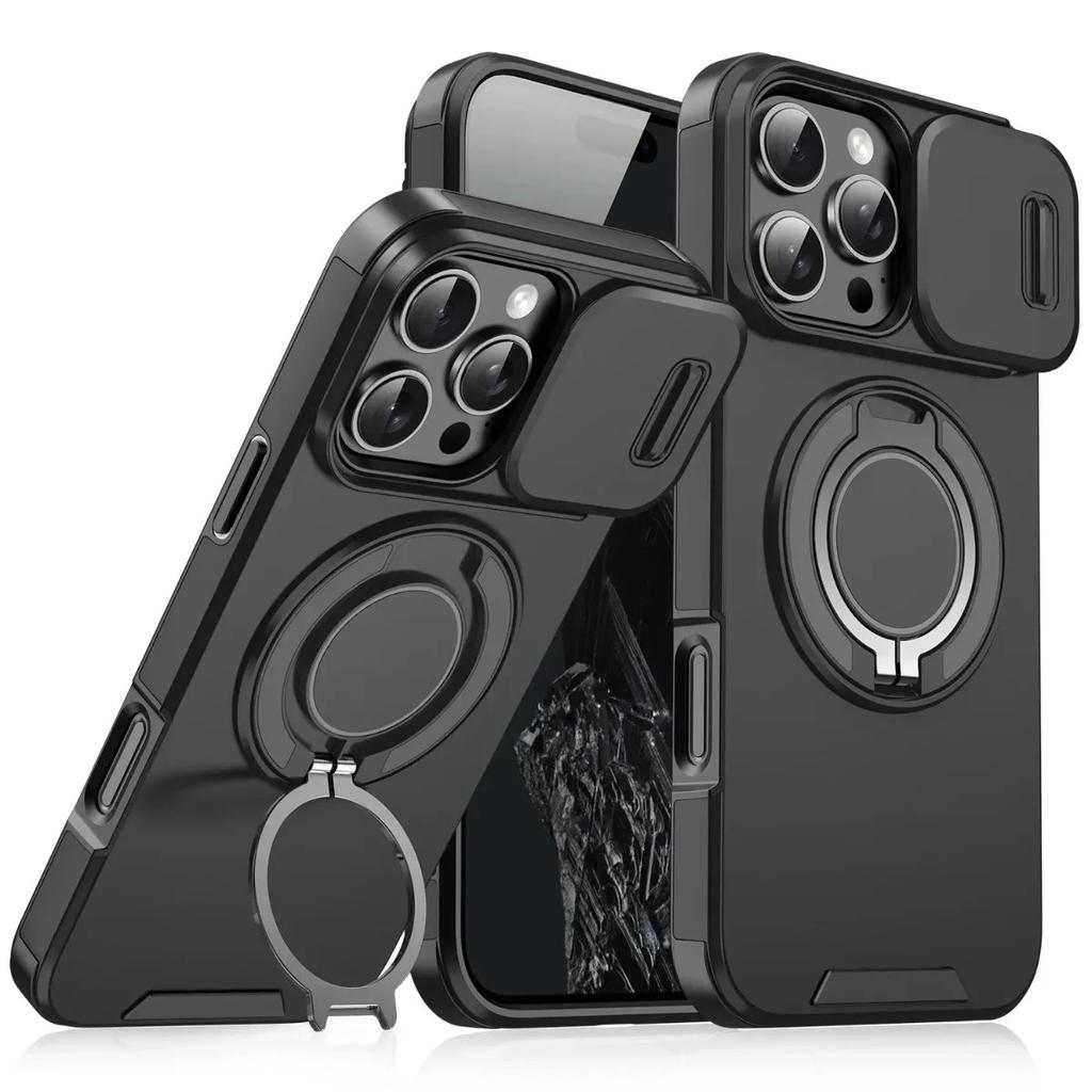 Armor Magnetic Bracket Case for 16e 16 14 13 12 11 15 Pro Max Plus With Lanyard Slide Camera Protection Shockproof Cover