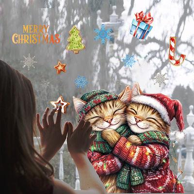 Christmas Cartoon Cute Animals Cats Window Sticker Street Storefront Window Display Electrostatic Adsorption Holiday Decorations