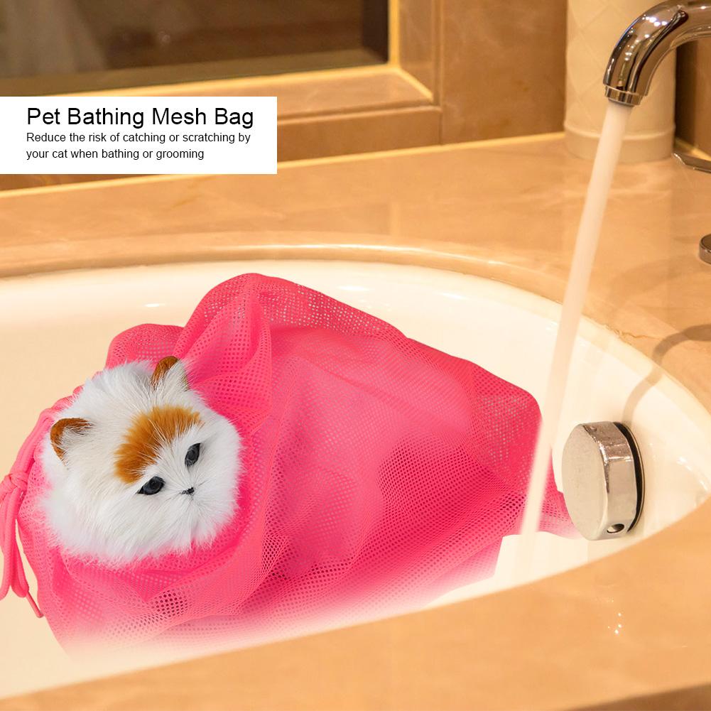 Cat Grooming Bathing Mesh Bag Pet Shower Washing Nails Cutting Ear Cleaning Tool (Yellow)