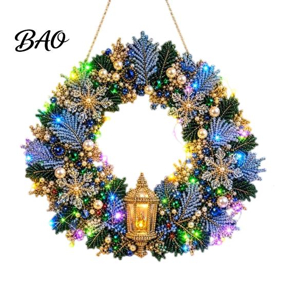 Festive Door Hanging Ornament DIY Acrylic Christmas Faux Pearl Art Kit, Lighted Wreath 3D Beaded Craft Mantelpiece Kit with LED String Light, Beginner