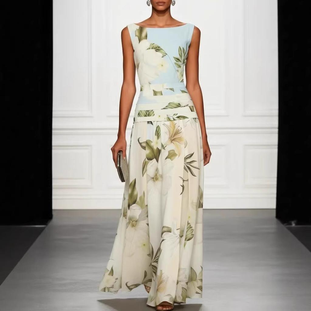 European and American summer 2026 sexy v-neck retro flower print women's dress sleeveless backless waist dress
