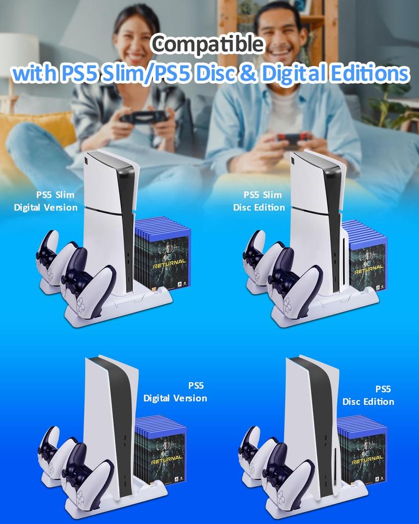 2024 New PS5 Vertical with Cooling Adjustable Fan Controller Charging Charging Two Controllers RGB USB Charging PS5 Accessories Slim/PS5 Stand, Stand,