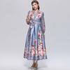 Wunderschönes Blumenwickel-Langarmkleid Damen V-Ausschnitt Laternenärmel Chiffon-Patchwork Dickes Satin-Band-Schnürgürtel Partykleid