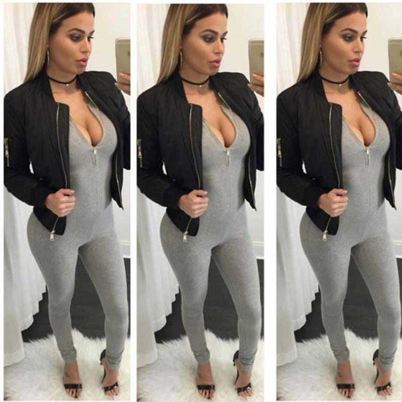 Hochwertiger Damen Reißverschluss Overall Bandage Bodycon Jumpsuit Clubwear Langarm Romper