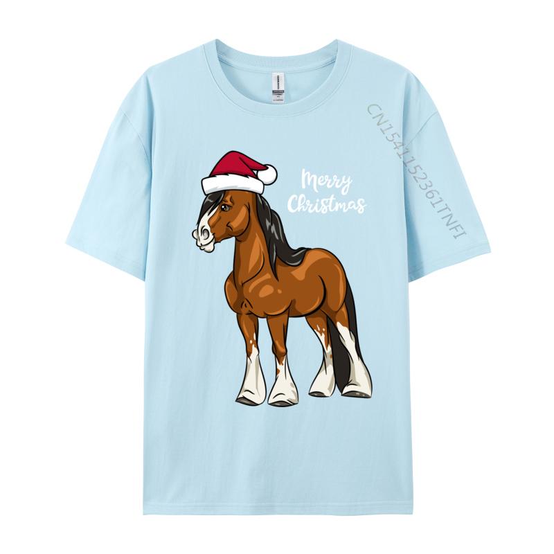 Cute Cartoon Clydesdale Draft Horse Christmas T-Shirt Men Crew Neck Camisas Men Printed Tops Tee Pure Cotton