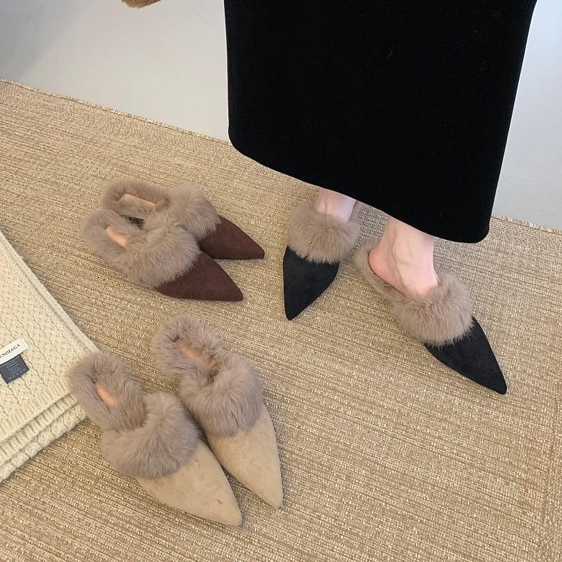 2025 Autumn and Winter New Pointed Head Thin Heel European and American Fashion High Heel Fine Heel Slippers Bag Head Empty Women's Shoes