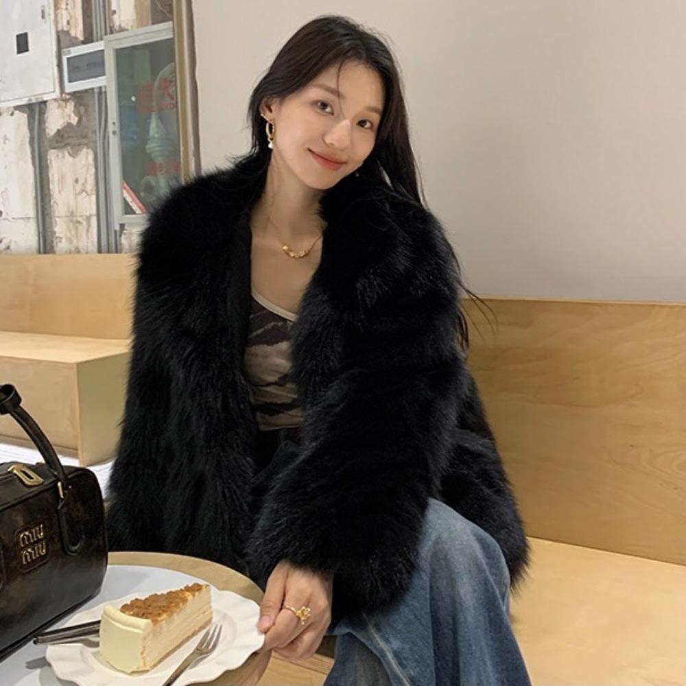 

Autumn and Winter Environmentally Friendly Fur Coat Fox Hair Celebrity Daughter Thickened Warm Medium and Long Big Fur Collar Fur Coat XXL чорний