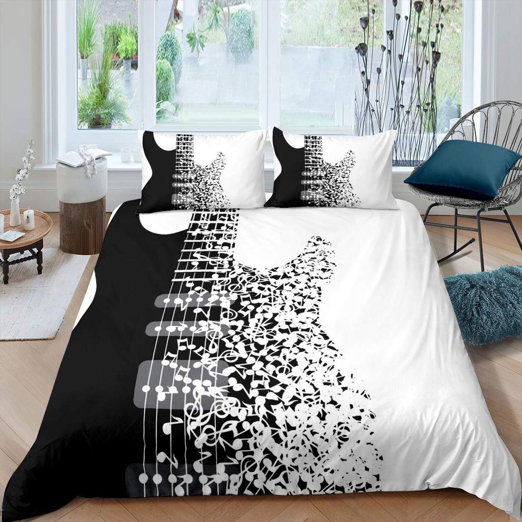 Music Soft Duvet Cover Set Quen Sized Dimensions,White Musical Note Beding Set 3pcs for Kid Bedrom Decor,Black White Piano Key Warm Comforter Cover
