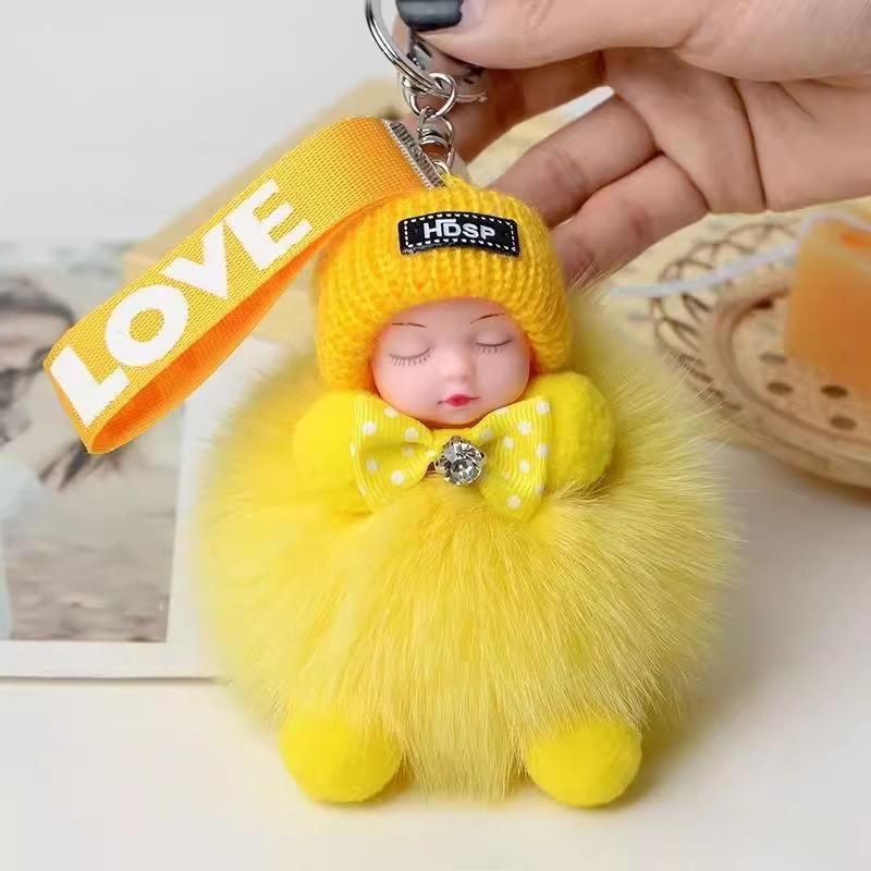 Cute Real Fox Fur Bag Pendant Sleeping Doll Car Keychain Plush Doll