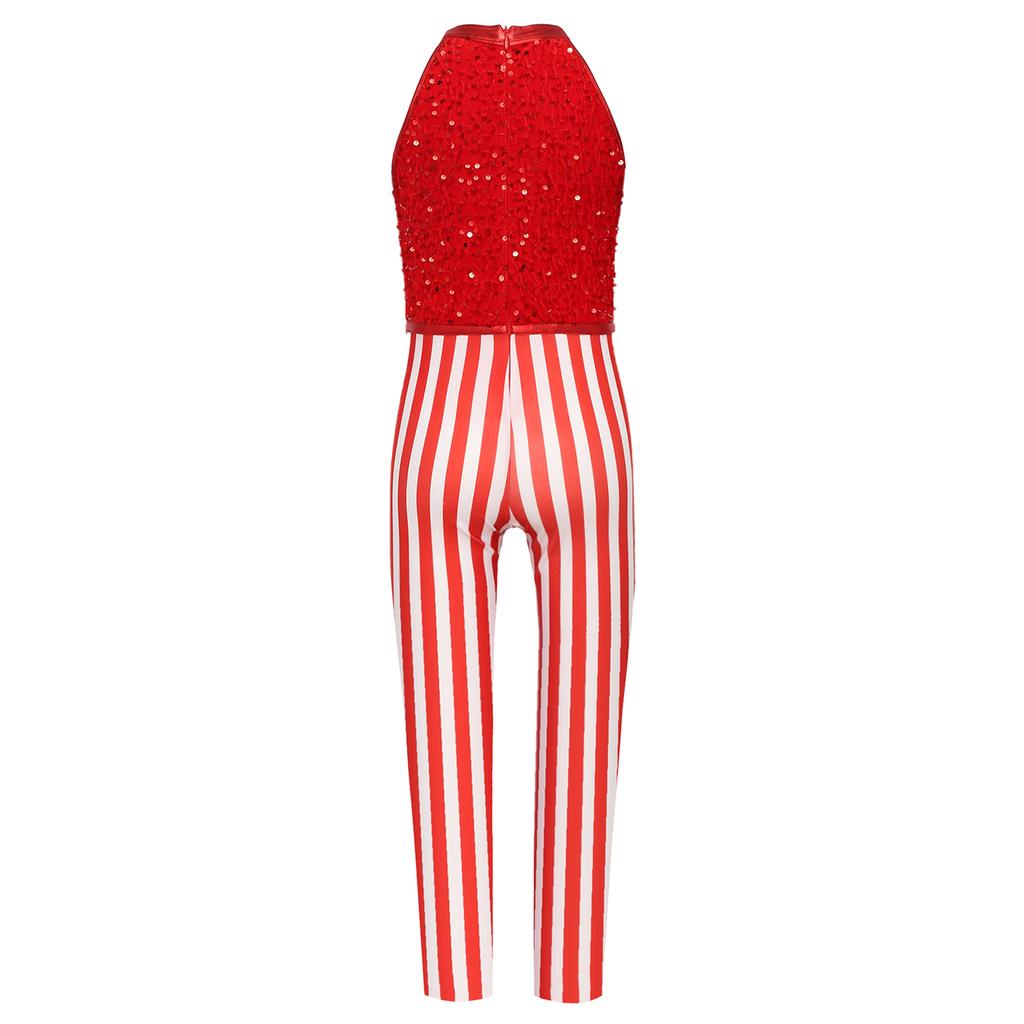 Girls Christmas Costume Sleeveless Striped Sequins Bodysuit Dance Gymnastics Jumpsuit Candy Cane