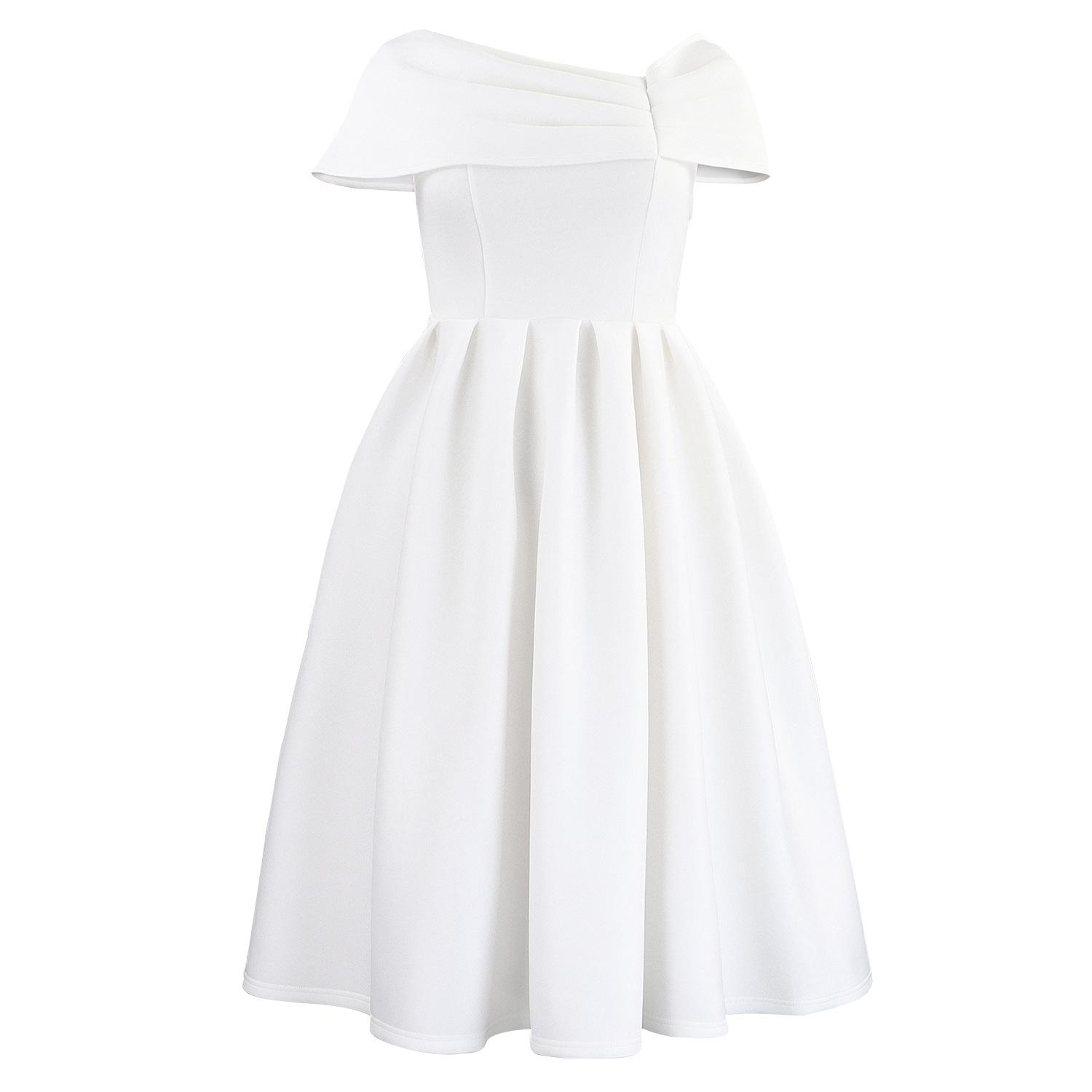 Women Sexy Off Shoulder High Waist Solid Color A Line Midi Party Dress S