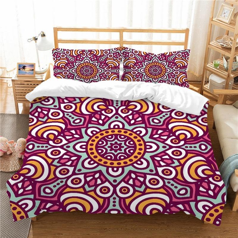 Microfiber Fabric Boho Bedding Sets, Boho Duvet Cover Set, Queen Size, 3D Print, Datura Mandala Flower, 220x240, Comforter