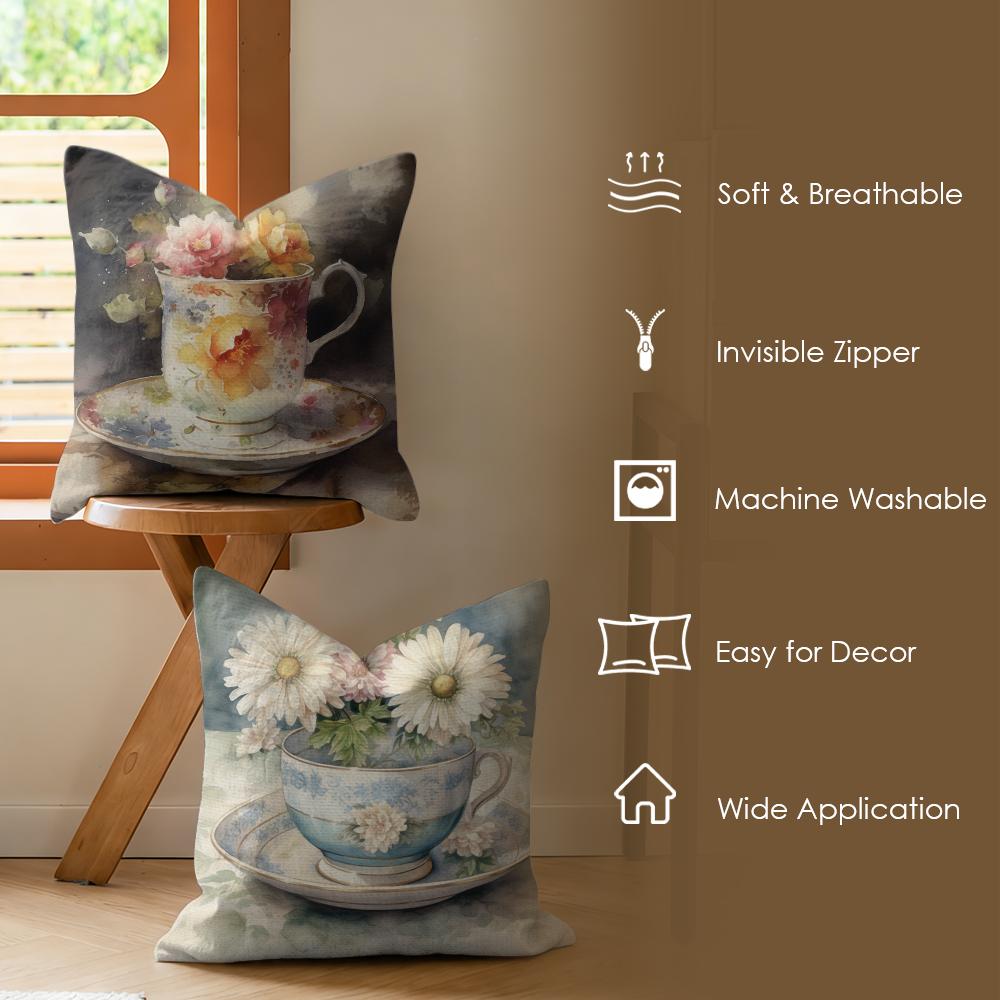 Painting Cup Of Flowers Cushion Cover Summer Linen Pillow Case Organic Fabric Cushion Cover Double-Sided Print Sofa Home Decor