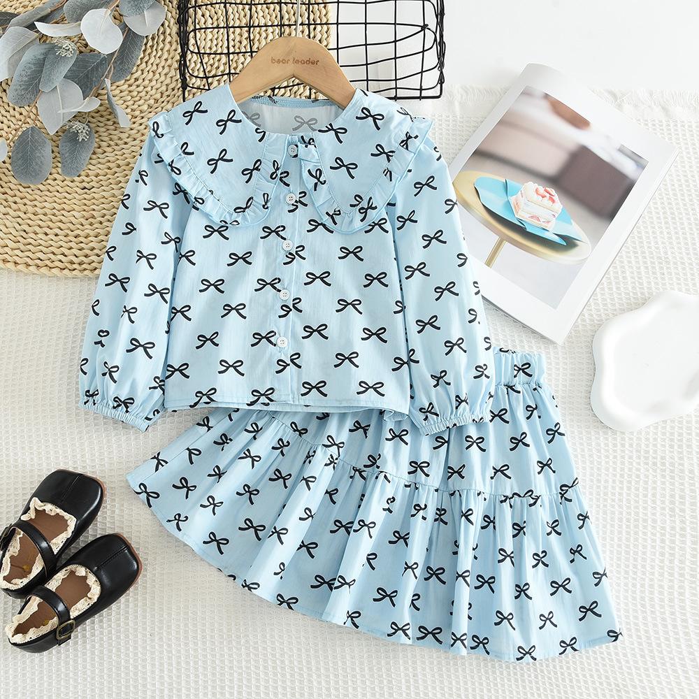 Korean Style Children's Clothing New Bow Printed Long-sleeved Babydoll Shirt Short Skirt Girls 2026 Spring and Autumn Suit