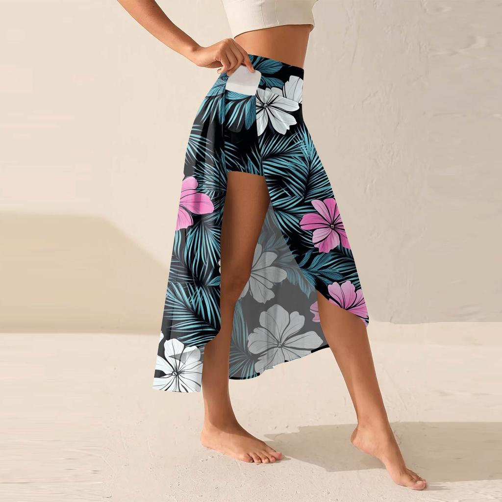 Women's Fashion Casual Printed Slit Ruffle High Waisted Fluttering Shorts Skirt