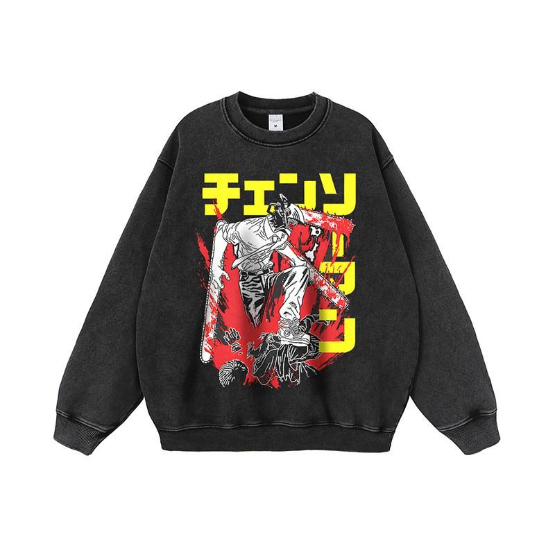 Oversized Vintage Washed Cotton Hoodie Men Women Loose Fit Long Sleeve Streetwear Hooded Sweatshirt With Cartoon Print