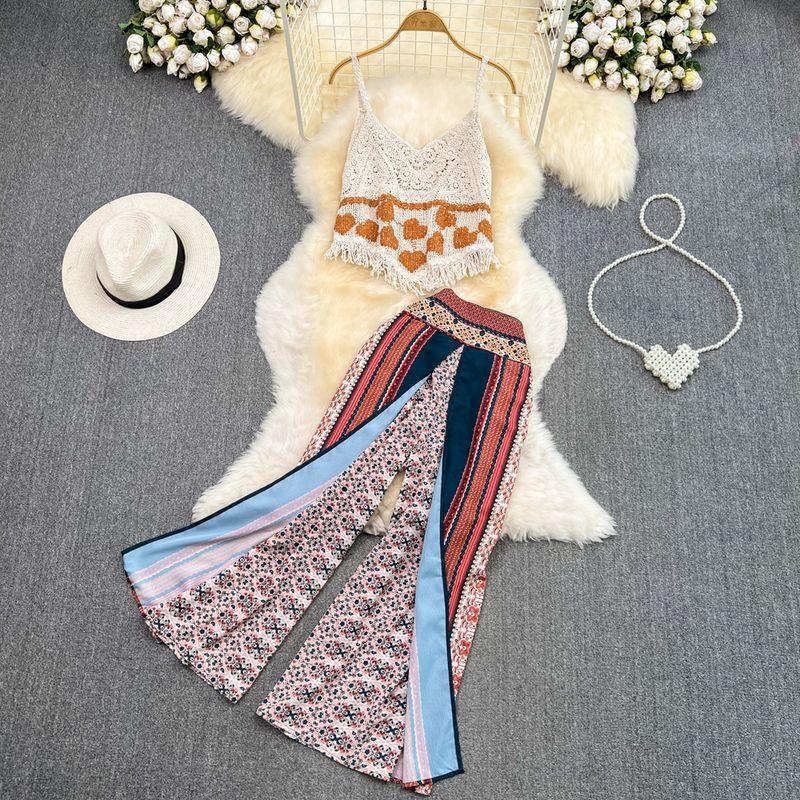 

Seaside Tassel High Waist Slim Looking Chiffon Fashion Suit Flower color XL