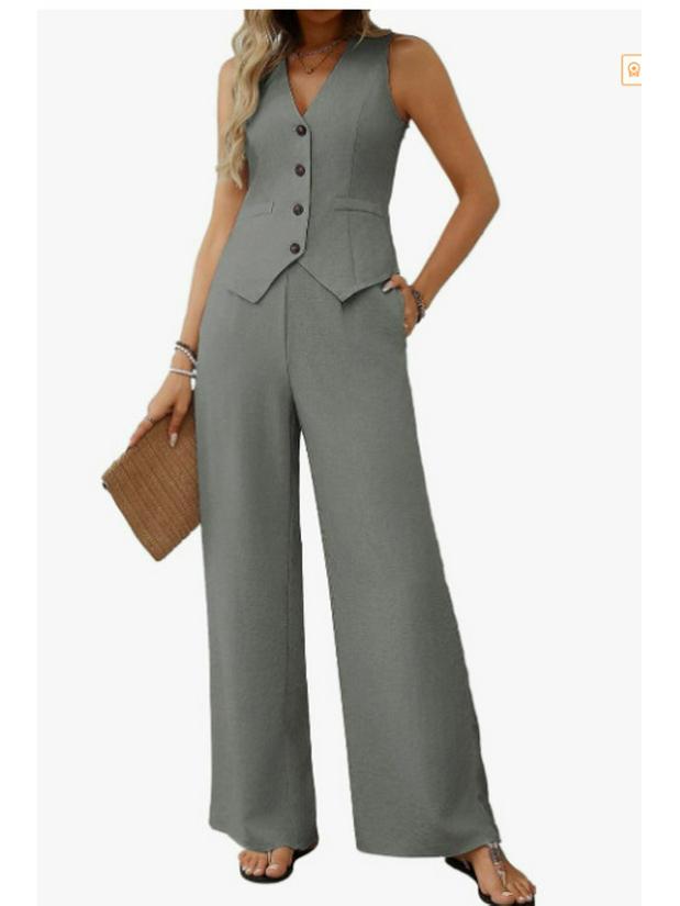 

Жіночий літній комплект з двох предметів 2025: Короткий жилет на ґудзиках та штани-кльош XL шифер сірий колір