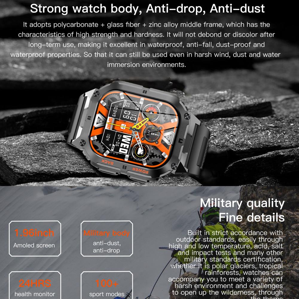 Smart Watch Sports Fitness Men 1.96" AOMLED Screen Outdoor Compass Blue Tooth Call Smartwatch Health Waterproof Voice Assistant
