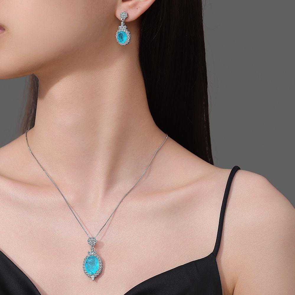 925 Sterling Silver Fashion Blue Zircon Full Diamond Necklace Earrings Set Birthday Anniversary Party Set Gift