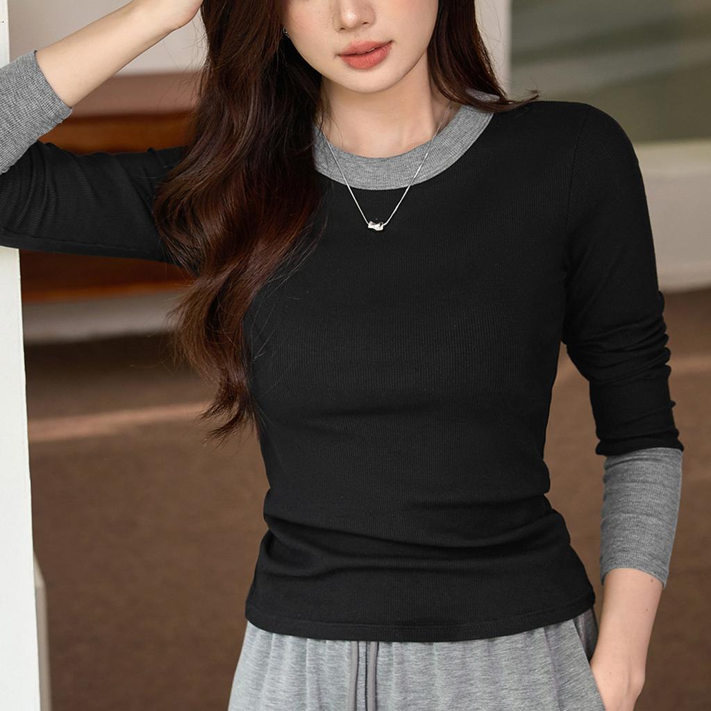 Design-sensual Contrasting T-shirt for Women's Long-sleeved Autumn New Pure Cotton Base Shirt